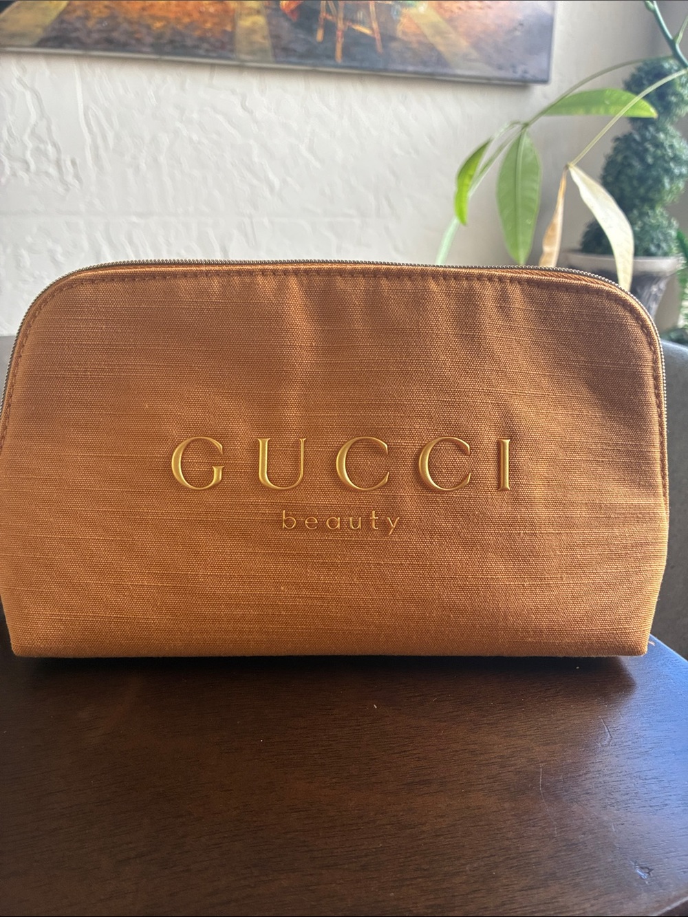 Gucci Beauty Bronze-Tan Cosmetic Pouch with Gold Logo